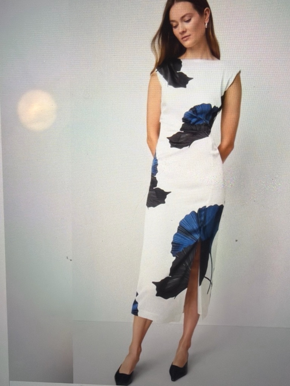Ann Taylor White Midi Dress with Blue and Black Floral Accents